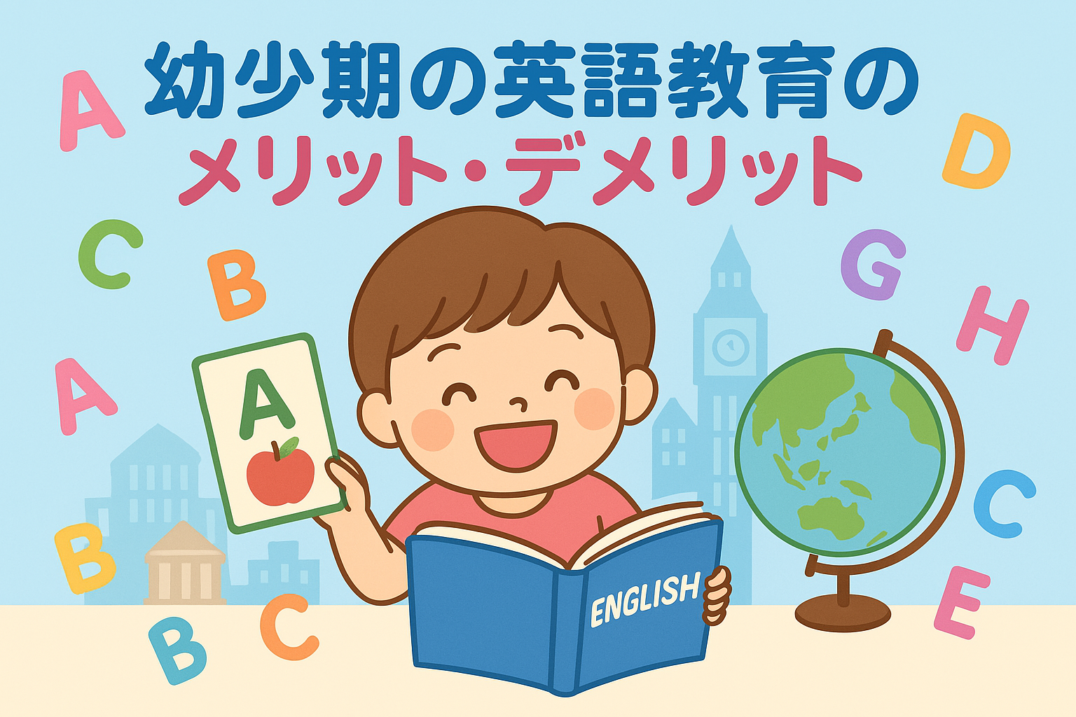 子どもが笑顔で英語の本やカードを見ているイラスト